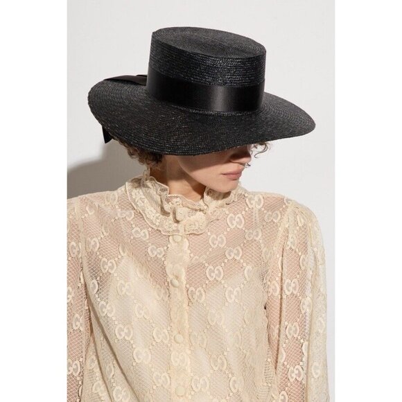 NWT GUCCI Straw Hat Black Ribbon How GG Sz L - Picture 2 of 12